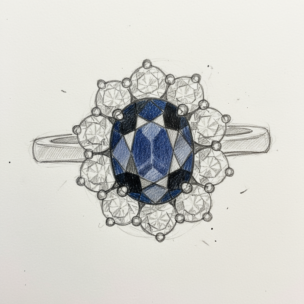 Fehérarany karmazált gyűrű briliánsokkal zafírral