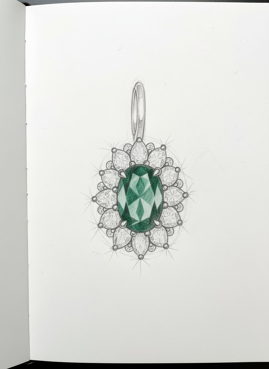 Fehérarany női gyűrű briliánsokkal smaragddal