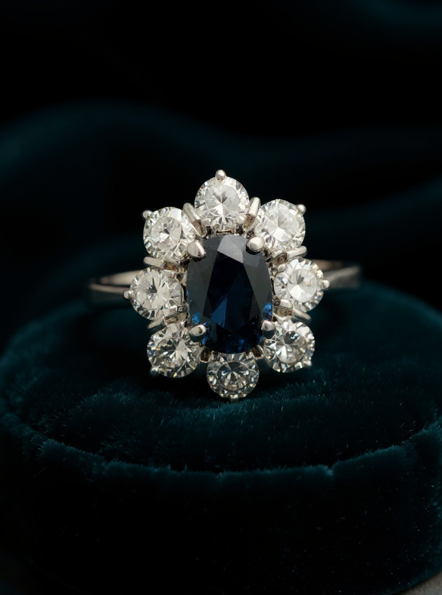 Fehérarany karmazált gyűrű briliánsokkal zafírral