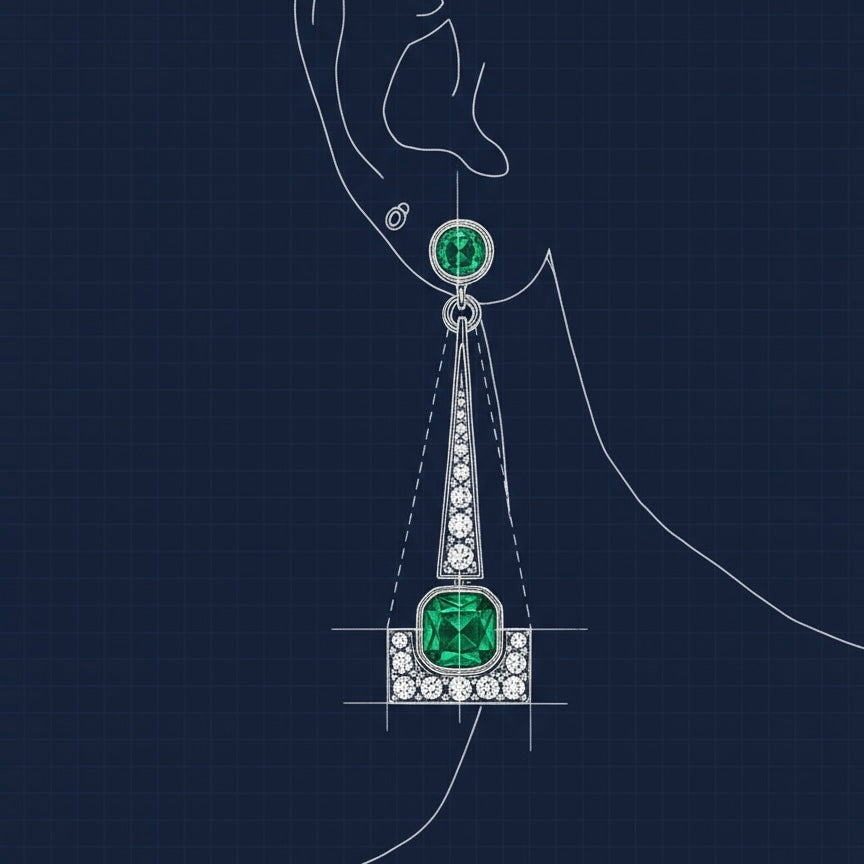 Artdeco stílusú fülbevaló smaragdokkal, brillekkel