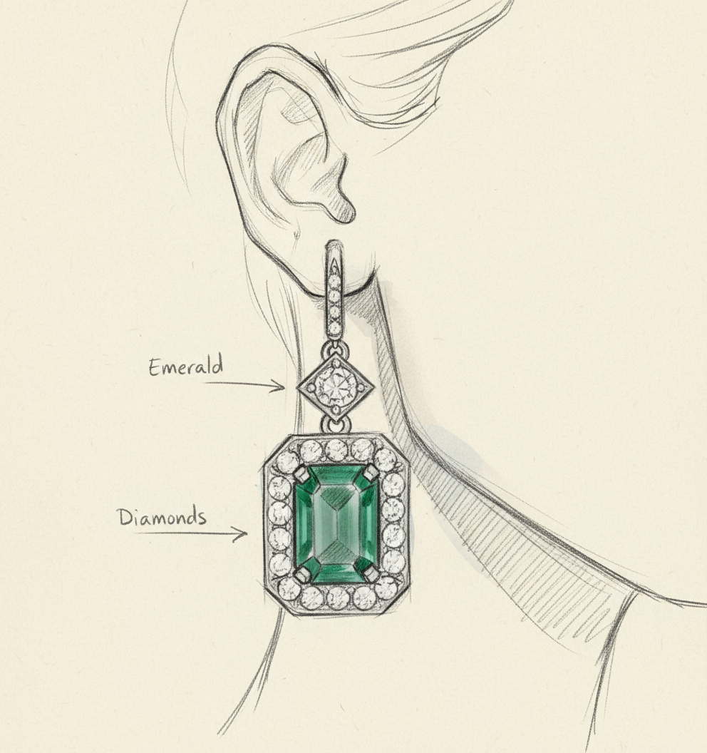 Fehérarany smaragd fülbevaló briliánsokkal