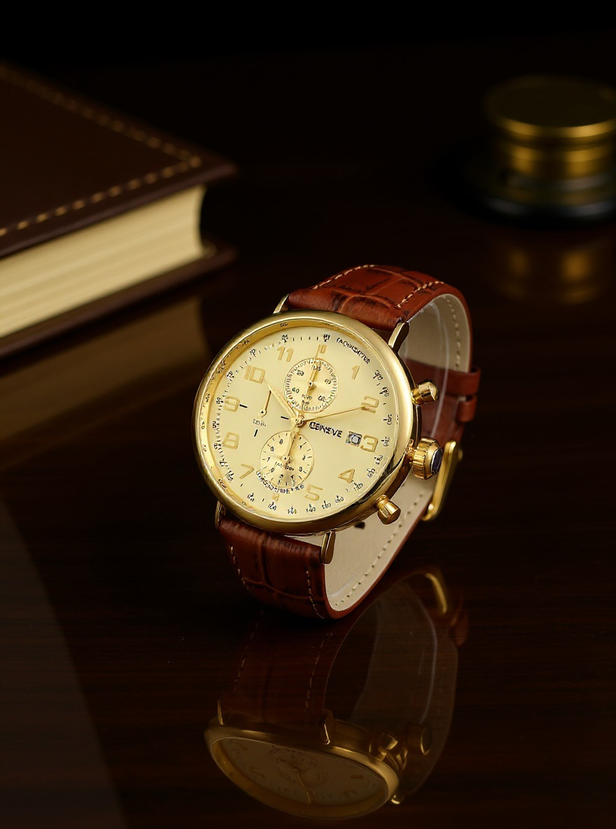 Férfi sárga aranyóra chronometer bőrszíjjal