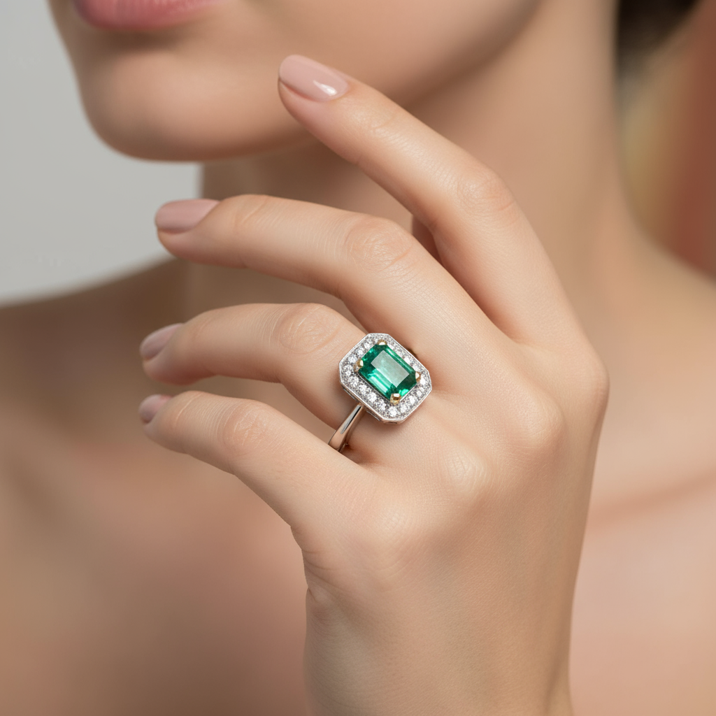 Fehérarany smaragd gyűrű briliánsokkal