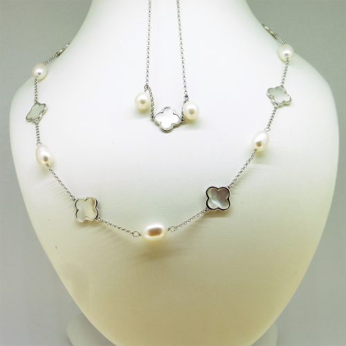 Hosszú ezüst nyaklánc karkötővel gyönggyel - V-Pearl
